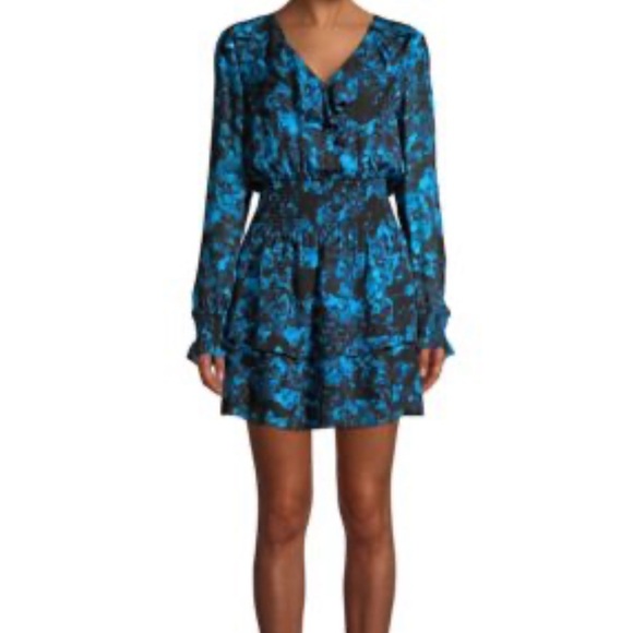 Parker Maisy Sheer Black & Blue Floral Printed Ruffle Long Sleeve Dress Sz M - Picture 5 of 15